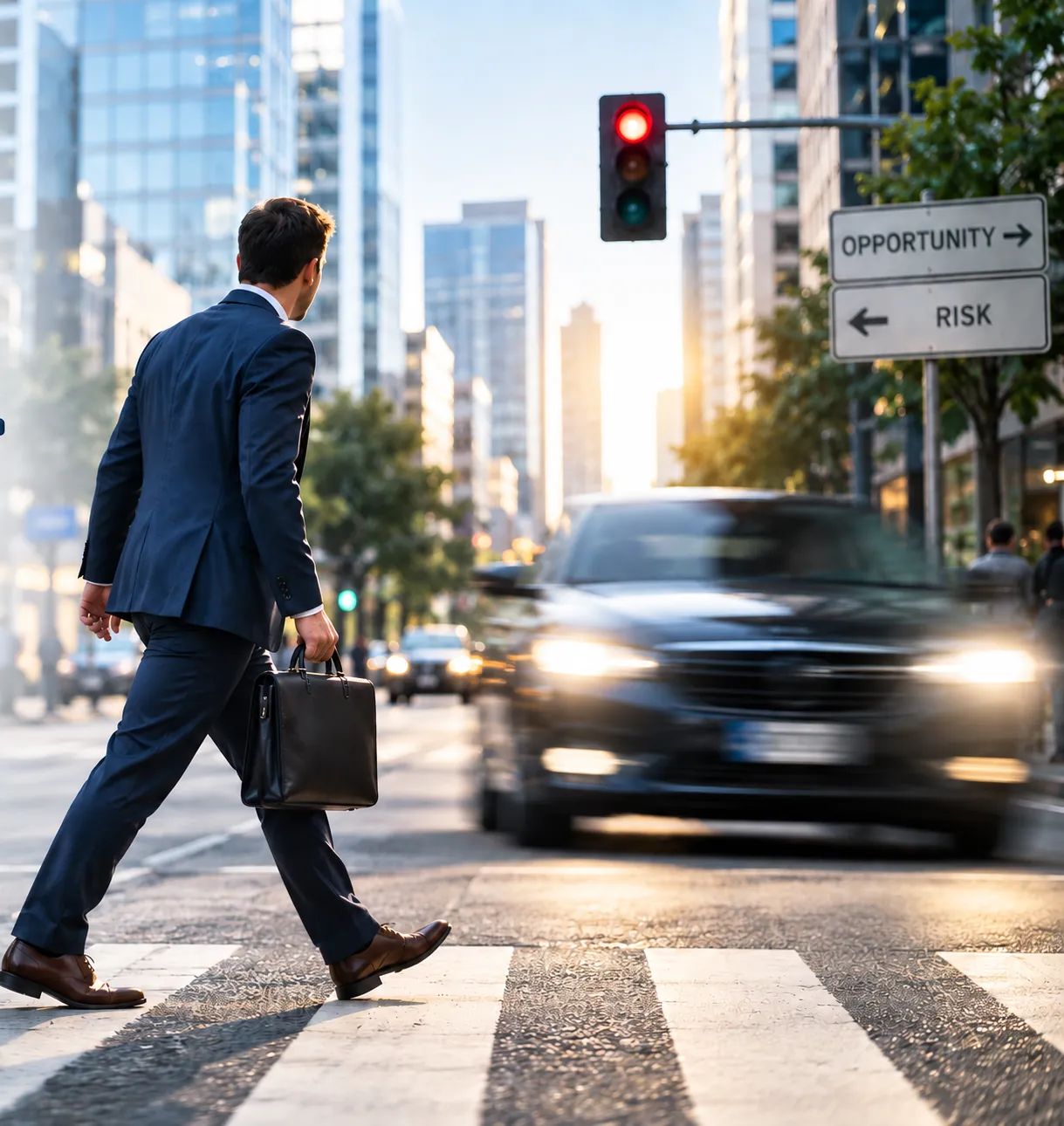A businessman with a briefcase steps into a crosswalk against a red light as a car speeds toward him, under street signs pointing one way to Opportunity and the other to Risk